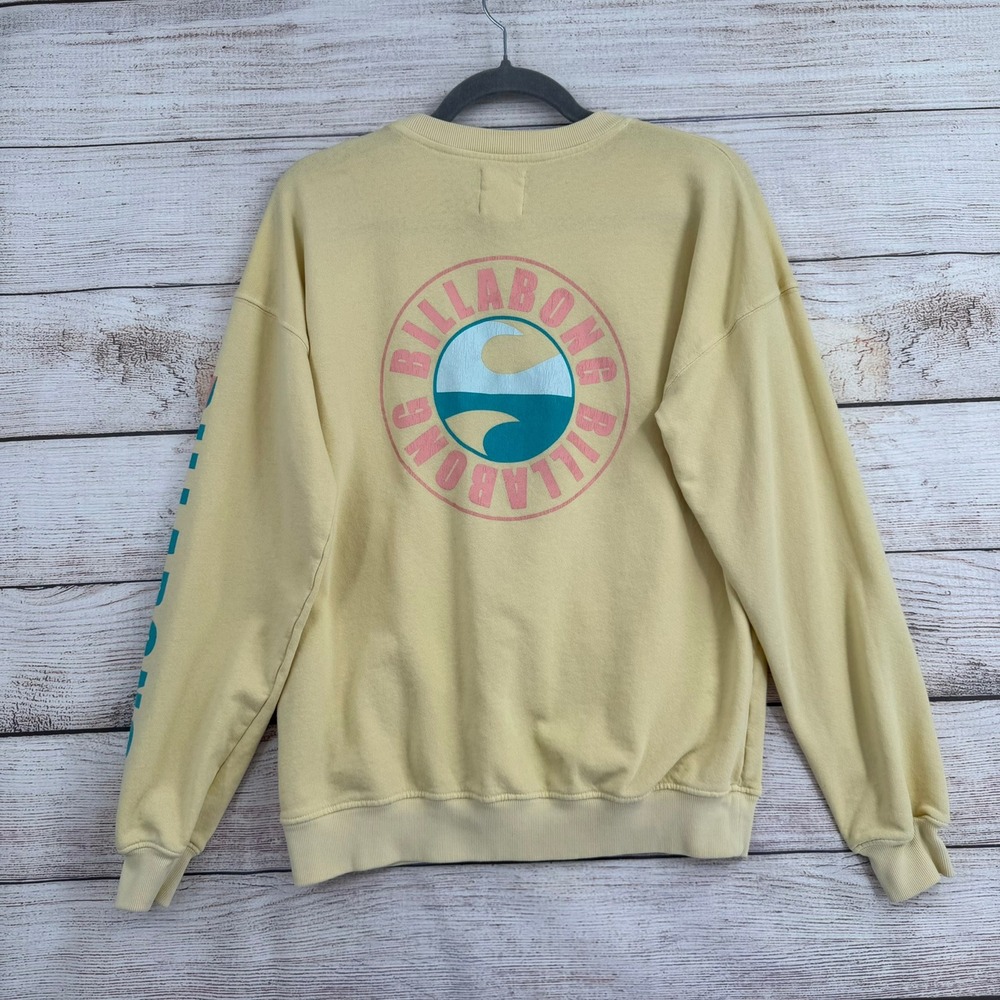 Billabong Crewneck Sweatshirt Womens Medium Yellow Graphic Logo Beach Surf